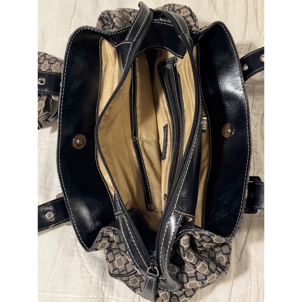 Nine West Geometric Print Satchel Shoulder Bag Black Tan with Coin Pouch Large - Picture 7 of 16